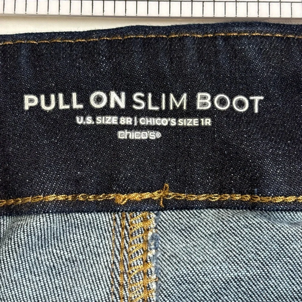 Chico's Pull On Slim Boot Jeans Womens 1R US‎ 8R Dark Indigo Blue Stretch Denim